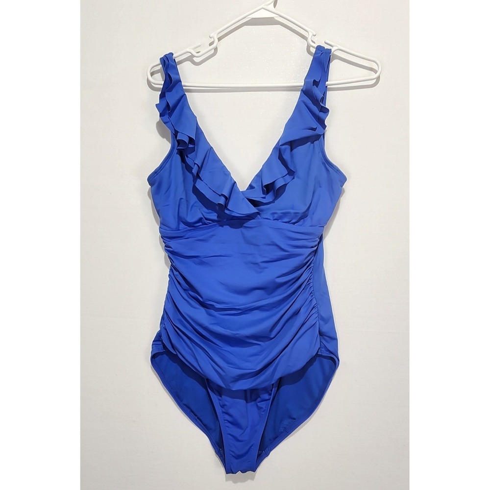 Lauren Ralph Lauren Women's Beach Club Solid Blue Ruffle Trim Swinsuit Size 10